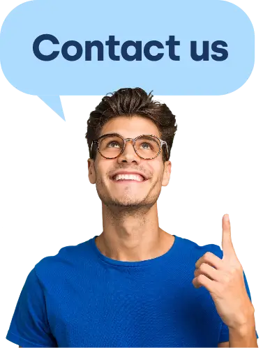 Man looking up at contact us speech bubble
