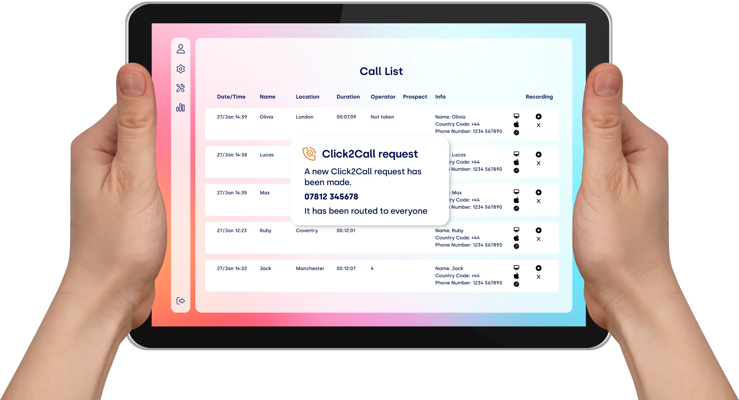 Graphic of tablet accessing click2call software